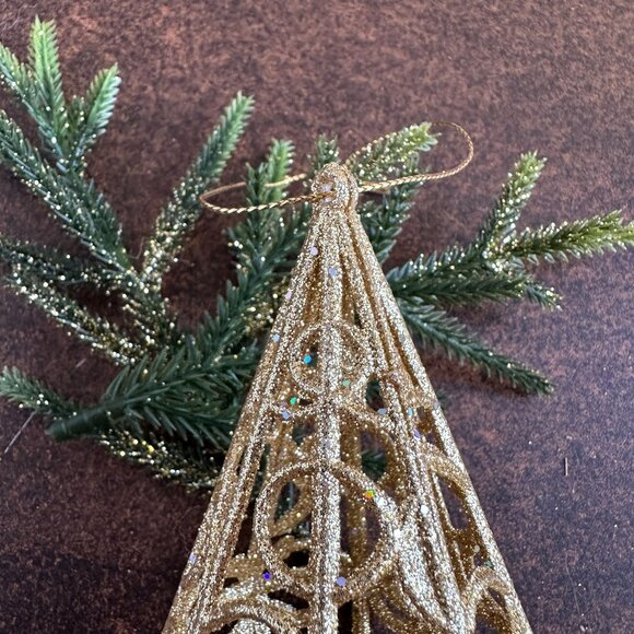 Gold Glitter Plastic Christmas Ornament 5.5" With Geometric Design - Picture 2 of 7